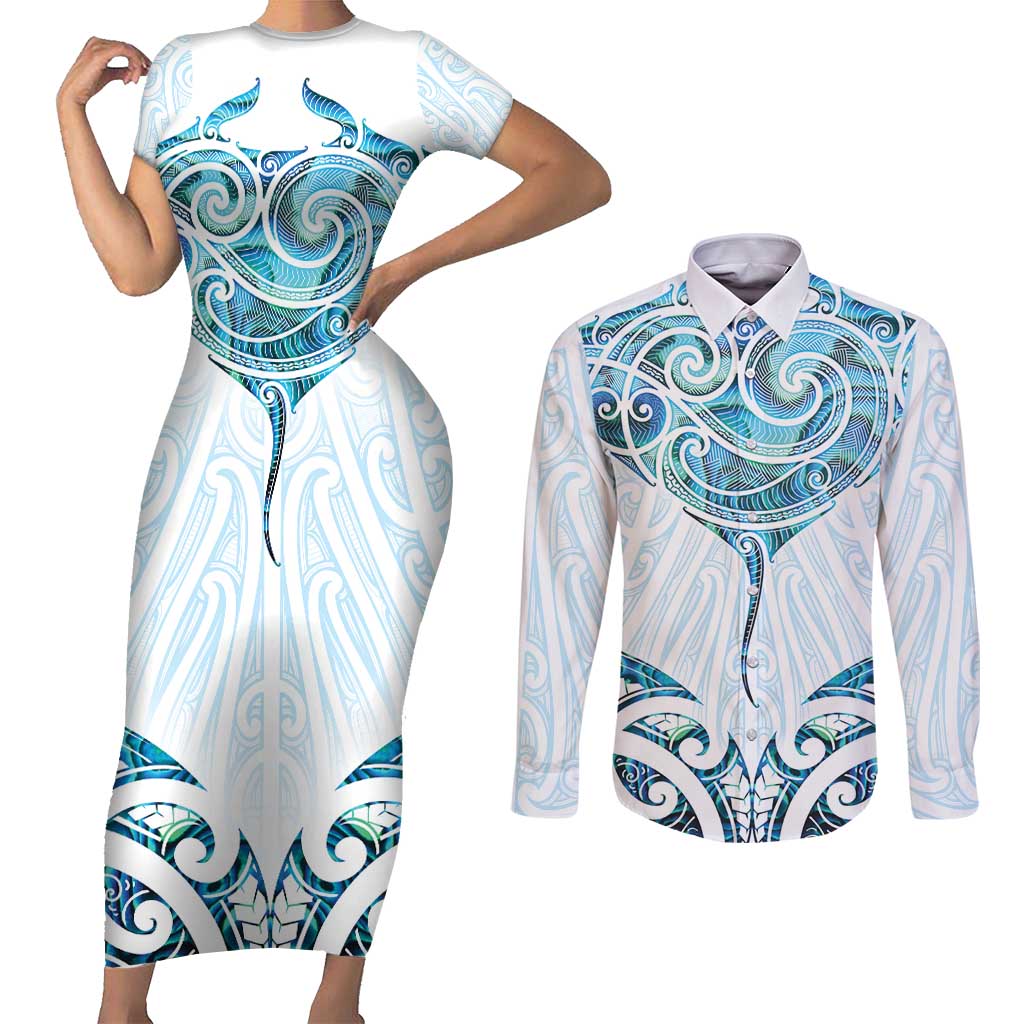 New Zealand Manta Ray Tattoo Couples Matching Short Sleeve Bodycon Dress and Long Sleeve Button Shirt Aotearoa Maori Haehae Paua Shell LT14 White - Polynesian Pride