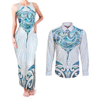 New Zealand Manta Ray Tattoo Couples Matching Tank Maxi Dress and Long Sleeve Button Shirt Aotearoa Maori Haehae Paua Shell LT14 White - Polynesian Pride