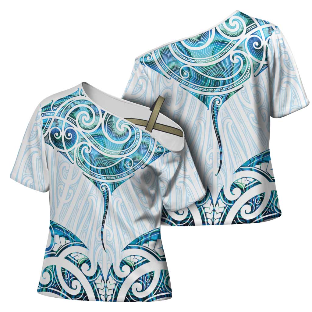 New Zealand Manta Ray Tattoo Cross Shoulder Shirt Aotearoa Maori Haehae Paua Shell - Polynesian Pride