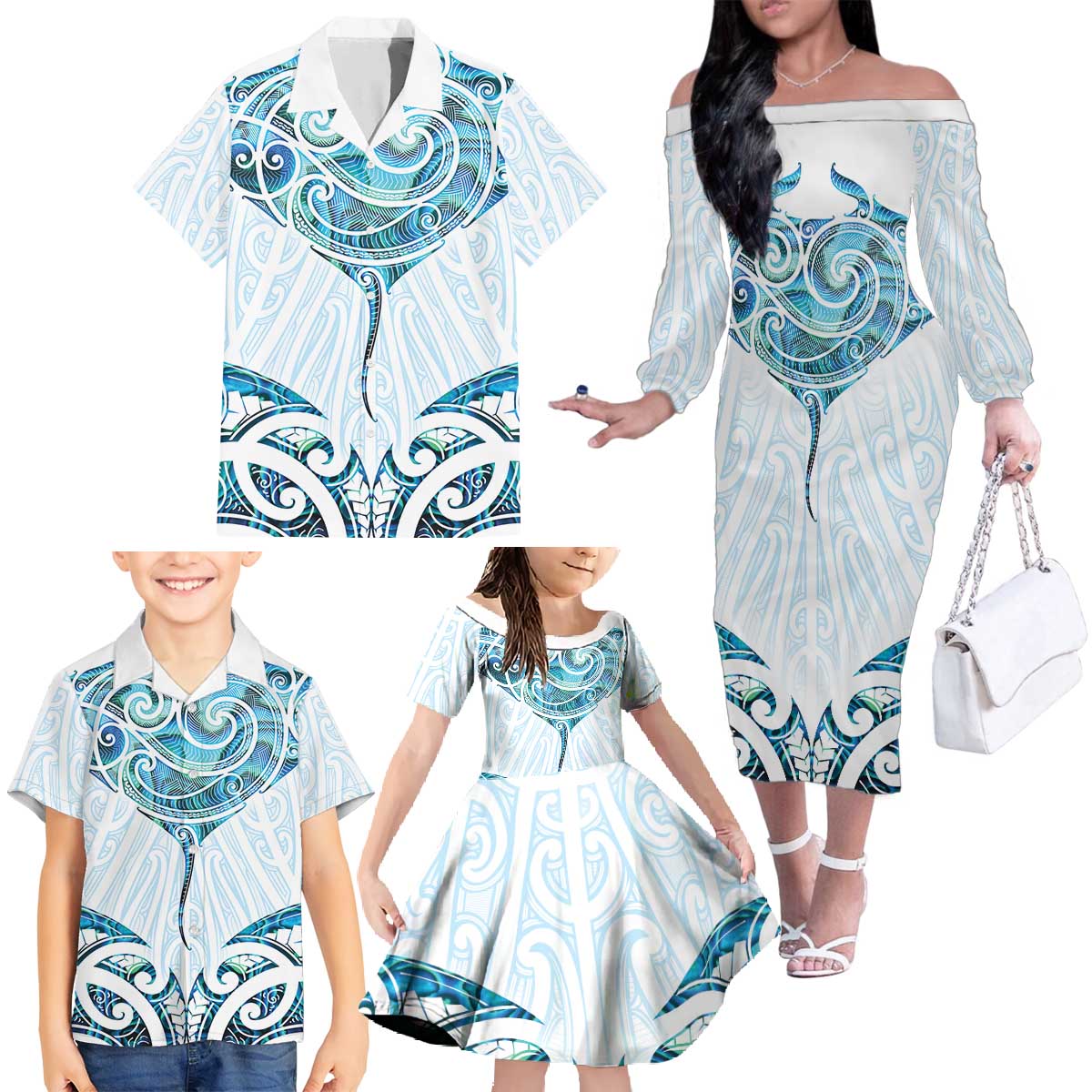 New Zealand Manta Ray Tattoo Family Matching Off The Shoulder Long Sleeve Dress and Hawaiian Shirt Aotearoa Maori Haehae Paua Shell - Polynesian Pride