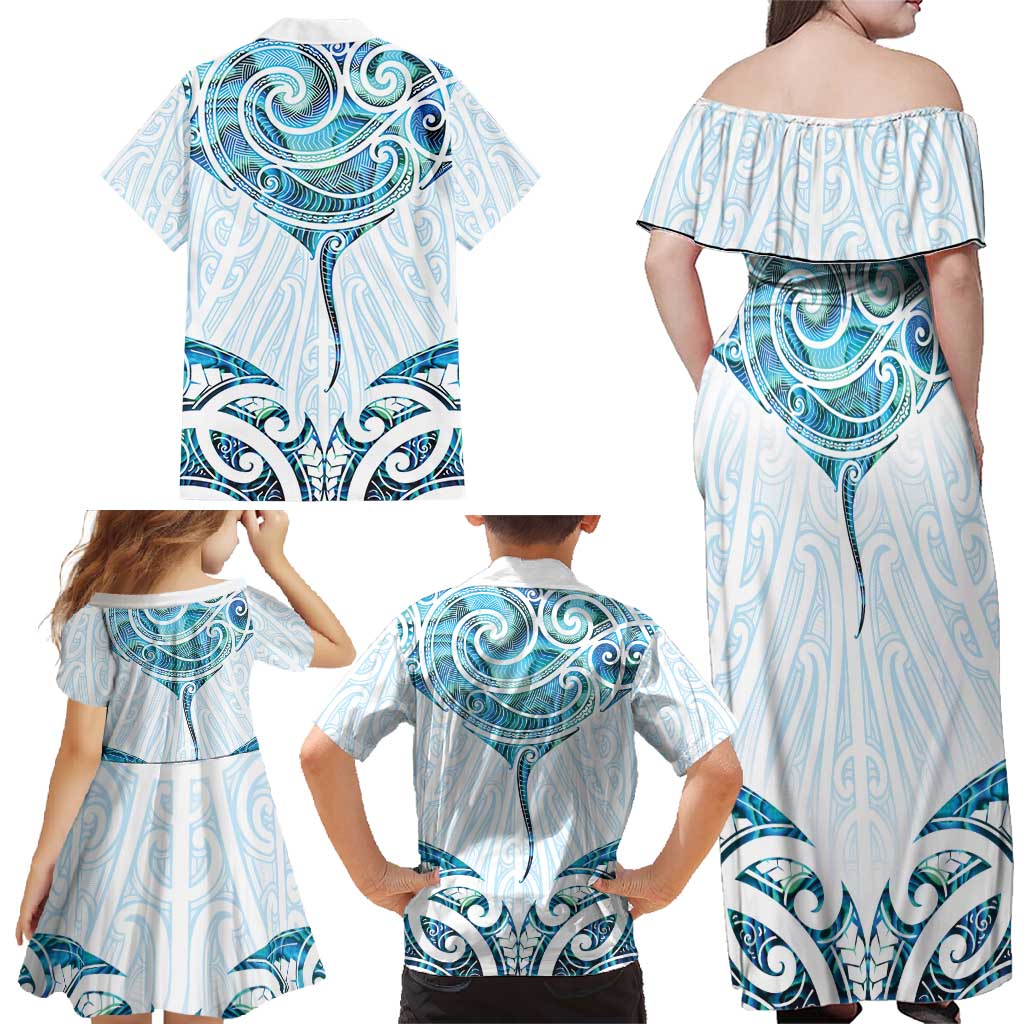 New Zealand Manta Ray Tattoo Family Matching Off Shoulder Maxi Dress and Hawaiian Shirt Aotearoa Maori Haehae Paua Shell - Polynesian Pride