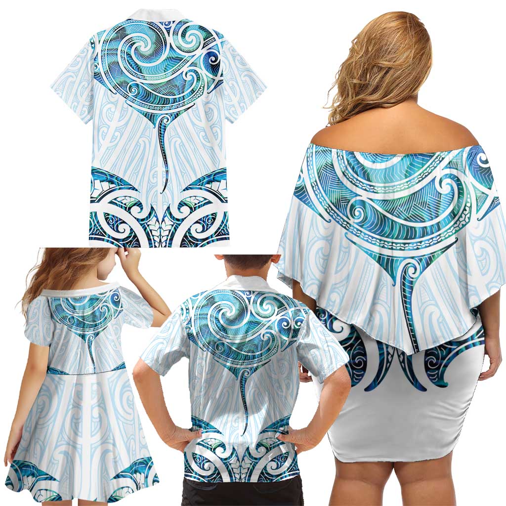 New Zealand Manta Ray Tattoo Family Matching Off Shoulder Short Dress and Hawaiian Shirt Aotearoa Maori Haehae Paua Shell - Polynesian Pride