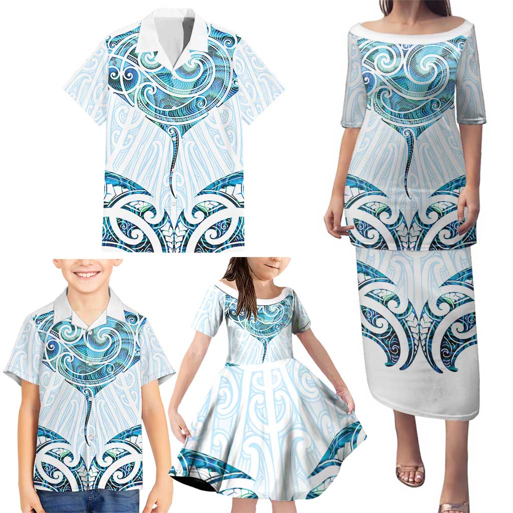 New Zealand Manta Ray Tattoo Family Matching Puletasi and Hawaiian Shirt Aotearoa Maori Haehae Paua Shell LT14 - Polynesian Pride