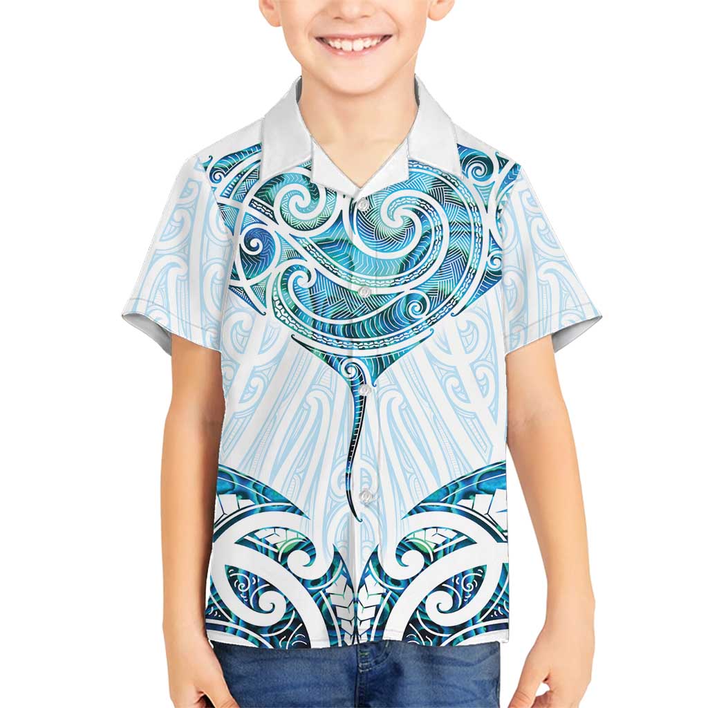 New Zealand Manta Ray Tattoo Family Matching Puletasi and Hawaiian Shirt Aotearoa Maori Haehae Paua Shell LT14 Son's Shirt White - Polynesian Pride