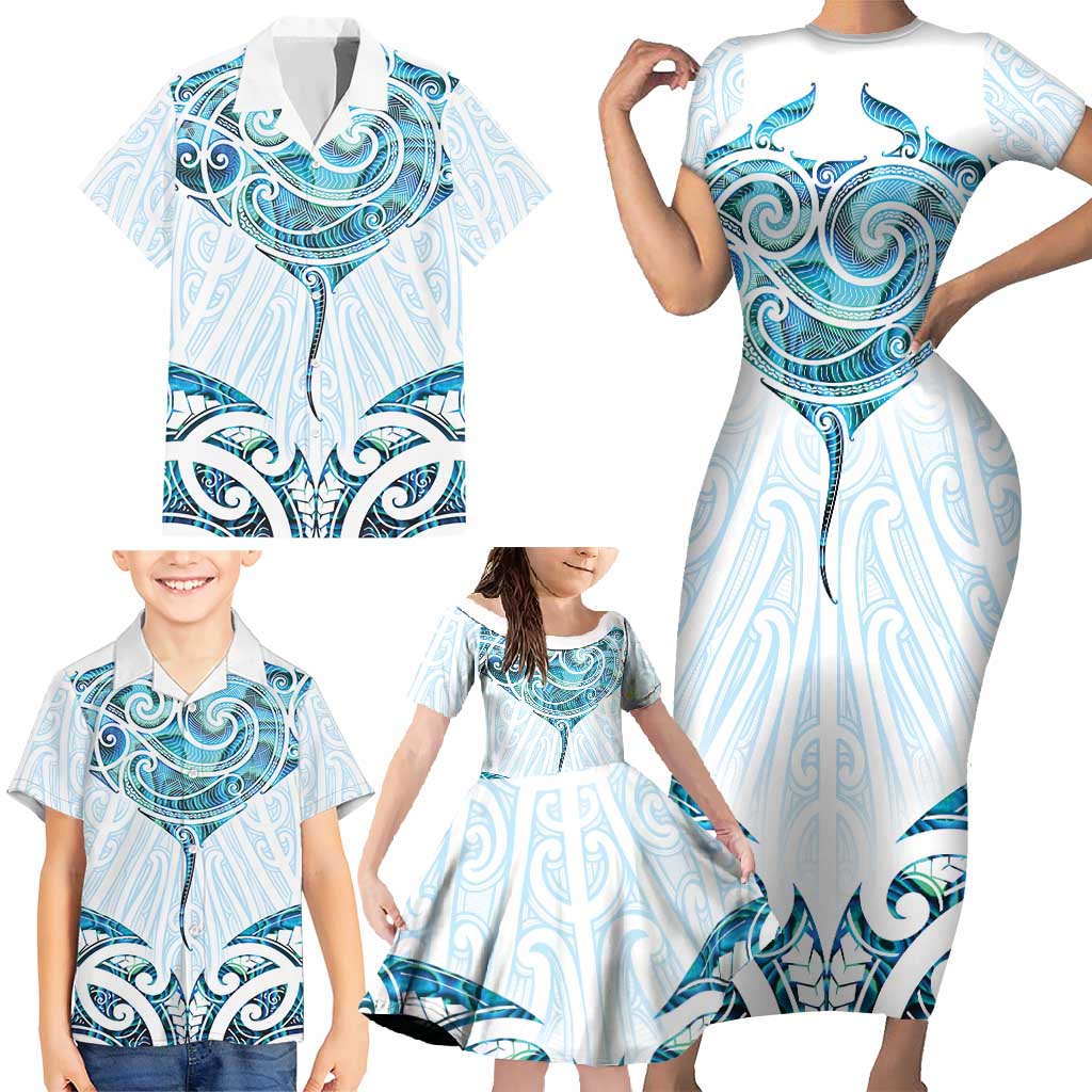New Zealand Manta Ray Tattoo Family Matching Short Sleeve Bodycon Dress and Hawaiian Shirt Aotearoa Maori Haehae Paua Shell - Polynesian Pride