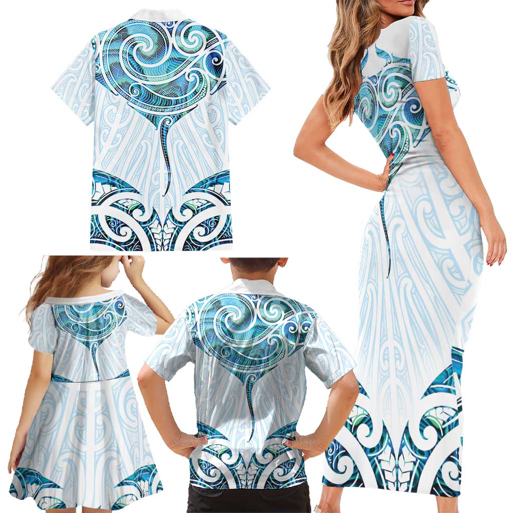 New Zealand Manta Ray Tattoo Family Matching Short Sleeve Bodycon Dress and Hawaiian Shirt Aotearoa Maori Haehae Paua Shell - Polynesian Pride