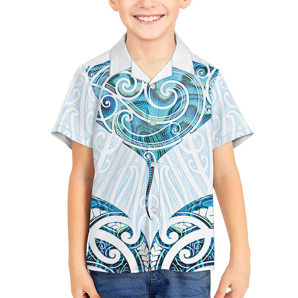 New Zealand Manta Ray Tattoo Kid Hawaiian Shirt Aotearoa Maori Haehae Paua Shell - Polynesian Pride
