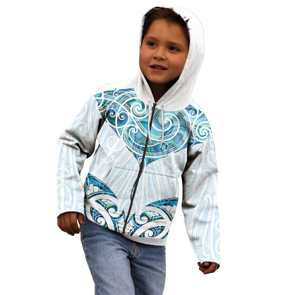 New Zealand Manta Ray Tattoo Kid Hoodie Aotearoa Maori Haehae Paua Shell - Polynesian Pride