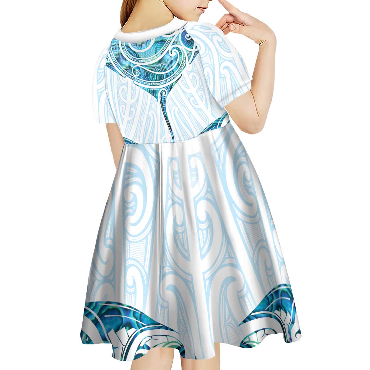 New Zealand Manta Ray Tattoo Kid Short Sleeve Dress Aotearoa Maori Haehae Paua Shell - Polynesian Pride