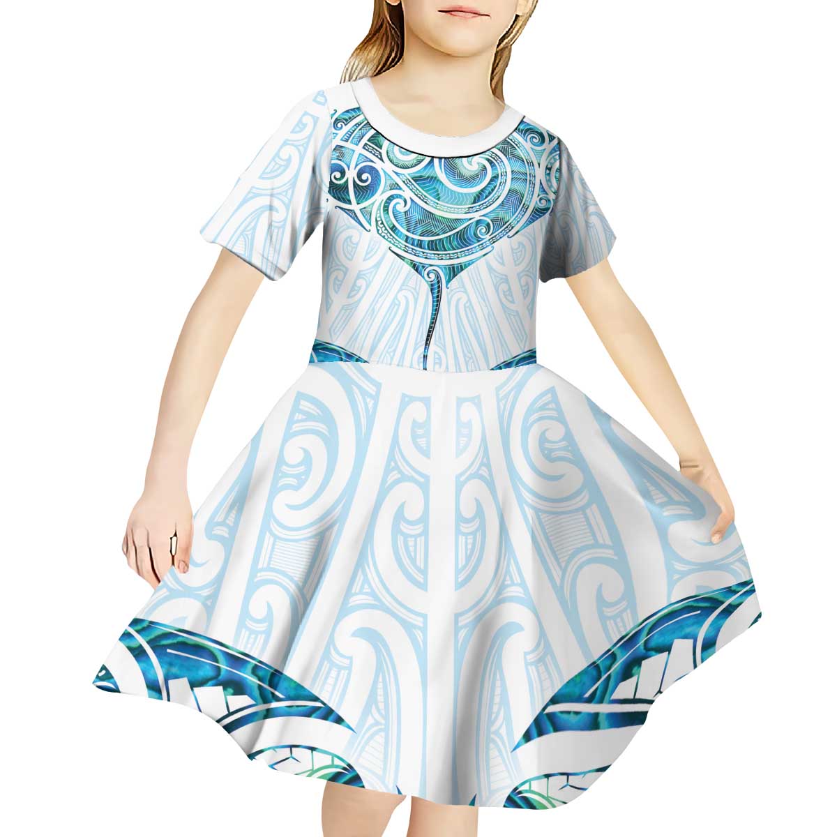 New Zealand Manta Ray Tattoo Kid Short Sleeve Dress Aotearoa Maori Haehae Paua Shell - Polynesian Pride