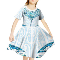 New Zealand Manta Ray Tattoo Kid Short Sleeve Dress Aotearoa Maori Haehae Paua Shell - Polynesian Pride