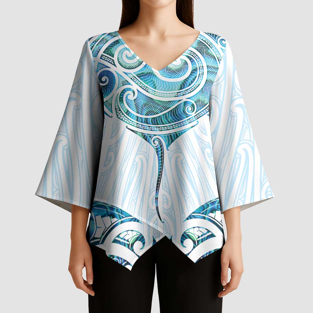 New Zealand Manta Ray Tattoo Kimono Sleeve Blouse Aotearoa Maori Haehae Paua Shell - Polynesian Pride
