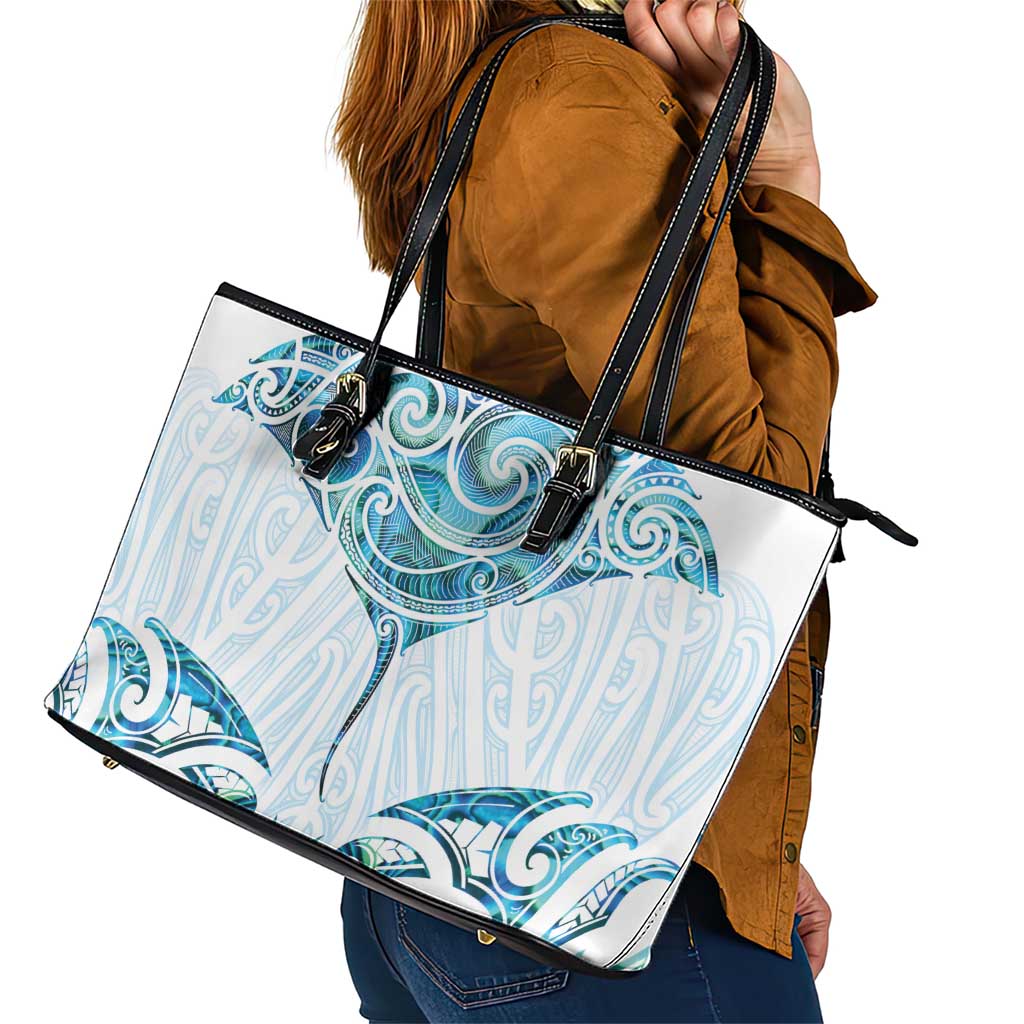 New Zealand Manta Ray Tattoo Leather Tote Bag Aotearoa Maori Haehae Paua Shell - Polynesian Pride