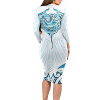 New Zealand Manta Ray Tattoo Long Sleeve Bodycon Dress Aotearoa Maori Haehae Paua Shell - Polynesian Pride