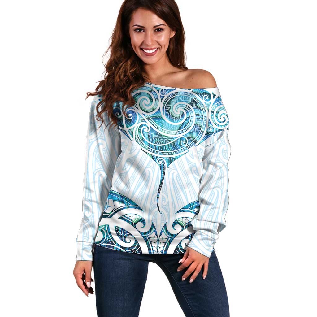 New Zealand Manta Ray Tattoo Off Shoulder Sweater Aotearoa Maori Haehae Paua Shell - Polynesian Pride