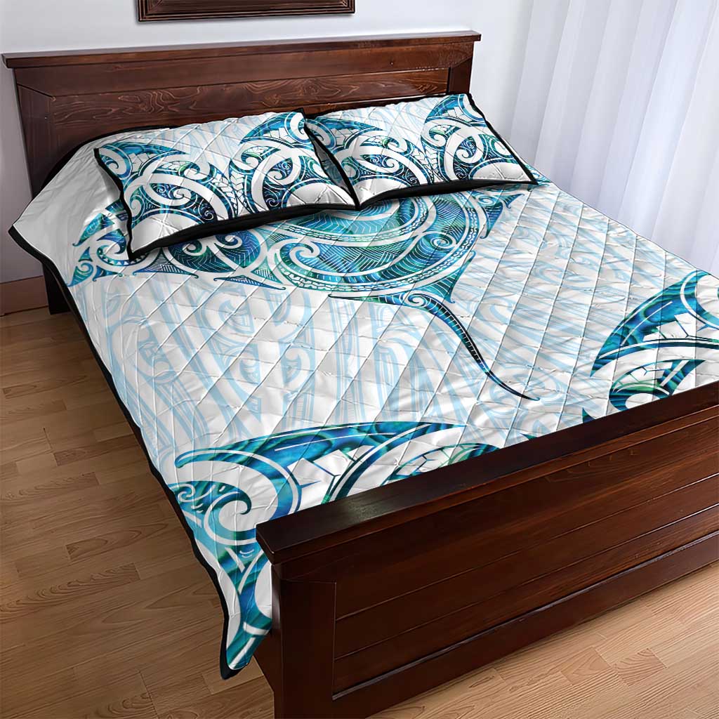 New Zealand Manta Ray Tattoo Quilt Bed Set Aotearoa Maori Haehae Paua Shell - Polynesian Pride