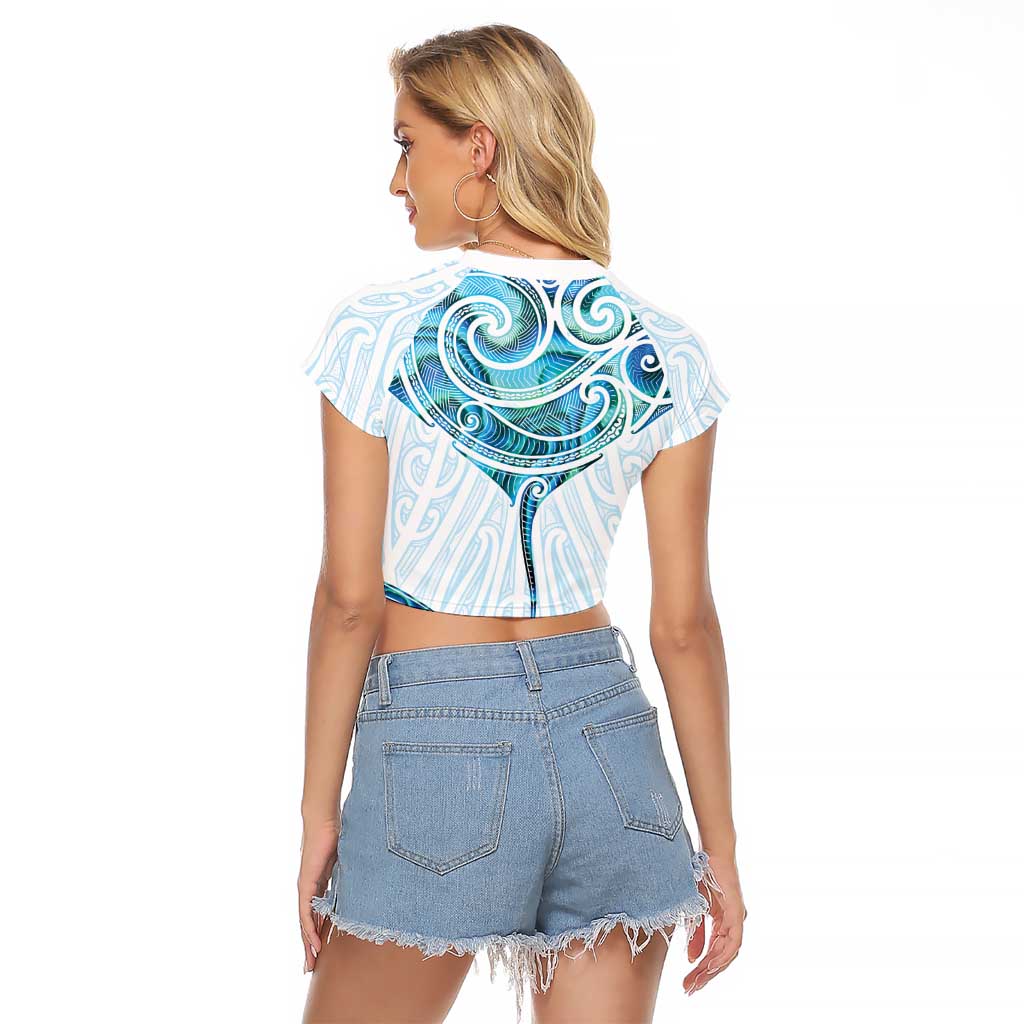 New Zealand Manta Ray Tattoo Raglan Cropped T Shirt Aotearoa Maori Haehae Paua Shell - Polynesian Pride