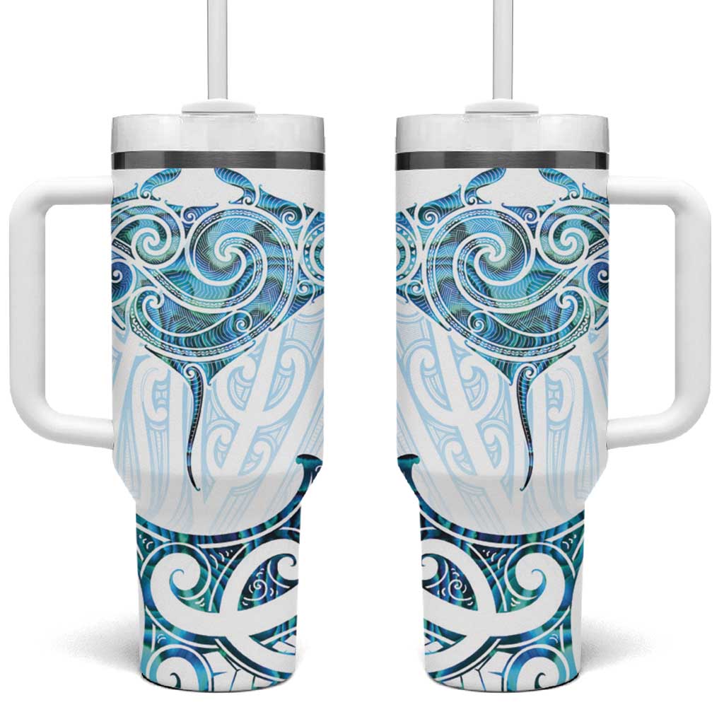 New Zealand Manta Ray Tattoo Tumbler With Handle Aotearoa Maori Haehae Paua Shell - Polynesian Pride