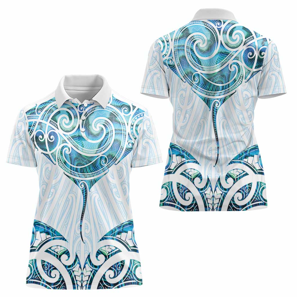 New Zealand Manta Ray Tattoo Women Polo Shirt Aotearoa Maori Haehae Paua Shell - Polynesian Pride