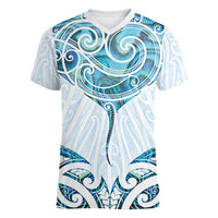 New Zealand Manta Ray Tattoo Women V-Neck T-Shirt Aotearoa Maori Haehae Paua Shell LT14 Female White - Polynesian Pride