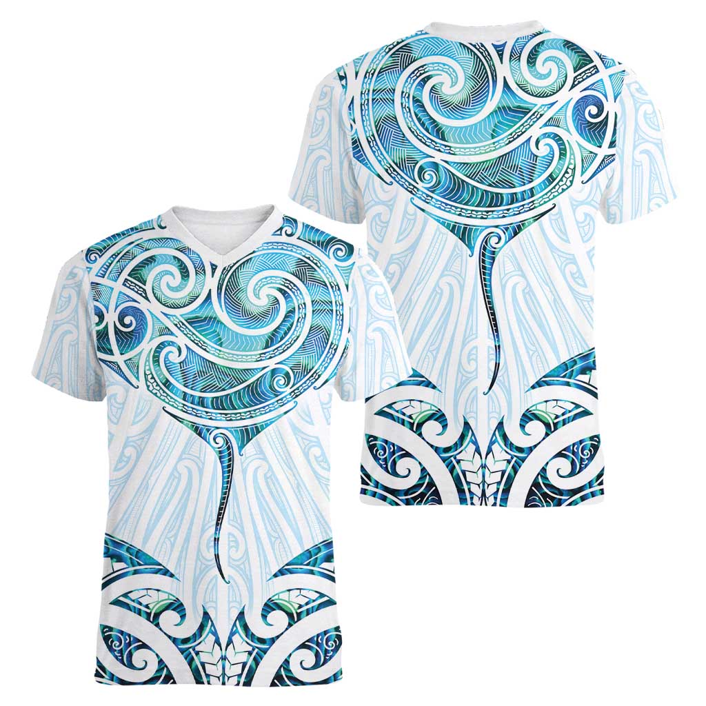 New Zealand Manta Ray Tattoo Women V-Neck T-Shirt Aotearoa Maori Haehae Paua Shell LT14 - Polynesian Pride