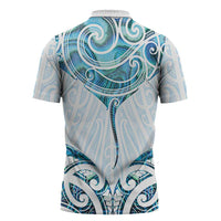 New Zealand Manta Ray Tattoo Zipper Polo Shirt Aotearoa Maori Haehae Paua Shell - Polynesian Pride