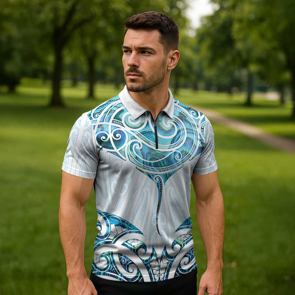 New Zealand Manta Ray Tattoo Zipper Polo Shirt Aotearoa Maori Haehae Paua Shell - Polynesian Pride