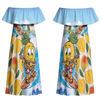 Aloha Hawaii Summer Couples Matching Off Shoulder Maxi Dress and Hawaiian Shirt Hawaiian Lei Surfing Mango Palaka Motifs