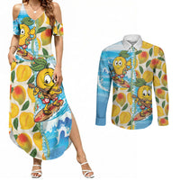 Aloha Hawaii Summer Couples Matching Summer Maxi Dress and Long Sleeve Button Shirt Hawaiian Lei Surfing Mango Palaka Motifs
