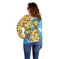 Aloha Hawaii Summer Off Shoulder Sweater Hawaiian Lei Surfing Mango Palaka Motifs