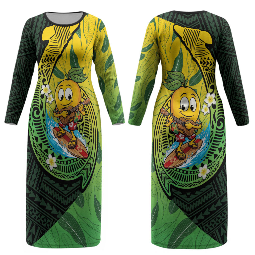 Hawaii Surfing Mango Couples Matching Long Sleeve Bodycon Dress and Long Sleeve Button Shirt Manako Polynesian Fish Hook