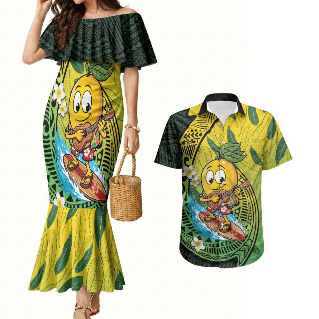 Hawaii Surfing Mango Couples Matching Mermaid Dress and Hawaiian Shirt Manako Polynesian Fish Hook LT14 Green - Polynesian Pride