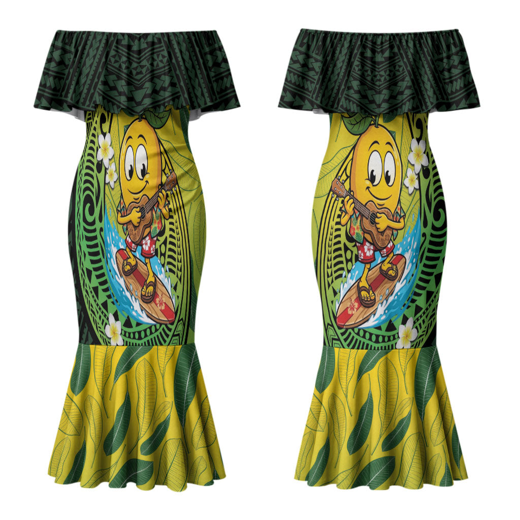 Hawaii Surfing Mango Couples Matching Mermaid Dress and Long Sleeve Button Shirt Manako Polynesian Fish Hook
