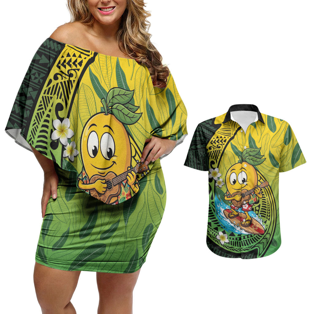 Hawaii Surfing Mango Couples Matching Off Shoulder Short Dress and Hawaiian Shirt Manako Polynesian Fish Hook