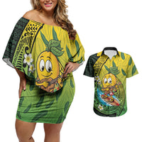 Hawaii Surfing Mango Couples Matching Off Shoulder Short Dress and Hawaiian Shirt Manako Polynesian Fish Hook