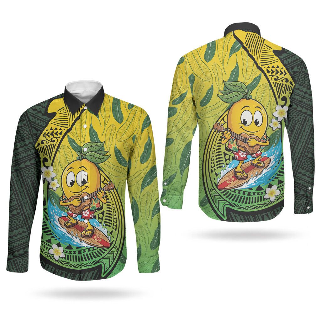 Hawaii Surfing Mango Couples Matching Off Shoulder Short Dress and Long Sleeve Button Shirt Manako Polynesian Fish Hook
