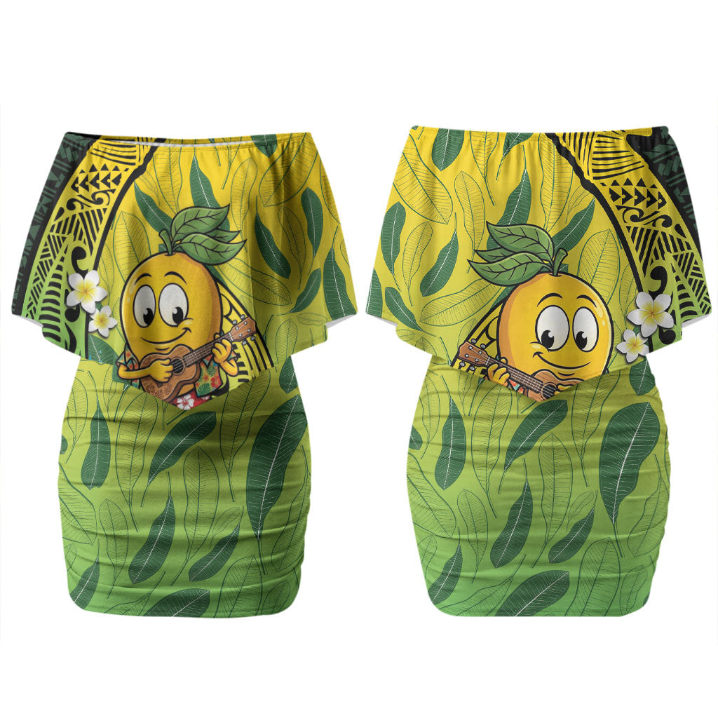 Hawaii Surfing Mango Couples Matching Off Shoulder Short Dress and Long Sleeve Button Shirt Manako Polynesian Fish Hook