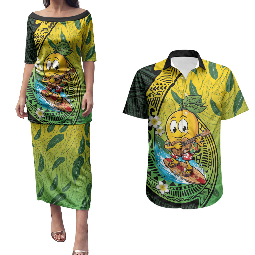 Hawaii Surfing Mango Couples Matching Puletasi and Hawaiian Shirt Manako Polynesian Fish Hook LT14 Green - Polynesian Pride