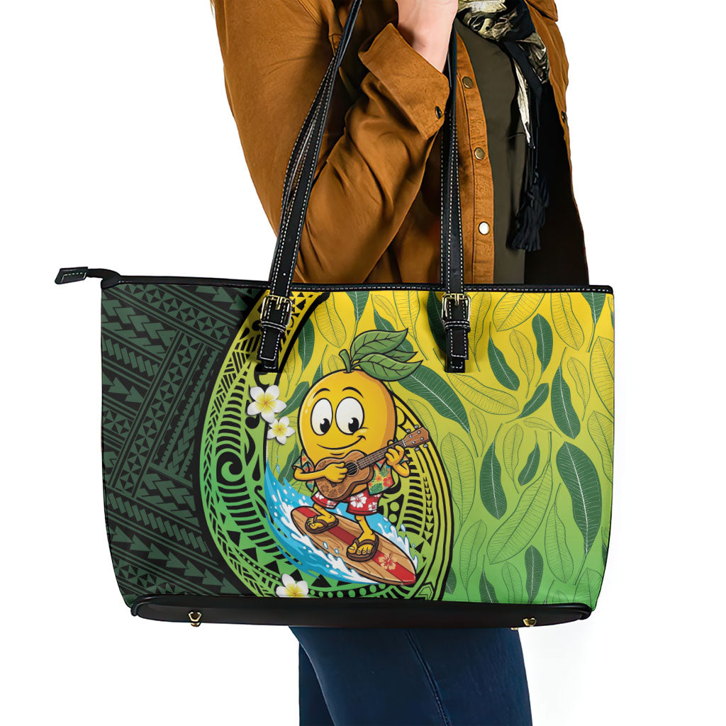Hawaii Surfing Mango Leather Tote Bag Manako Polynesian Fish Hook