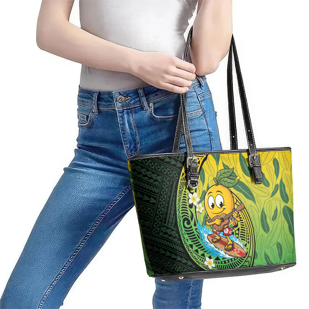Hawaii Surfing Mango Leather Tote Bag Manako Polynesian Fish Hook
