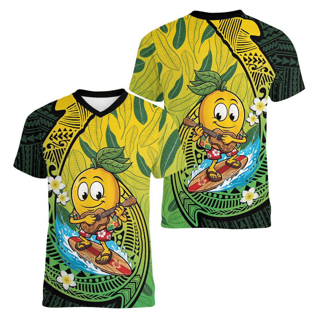 Hawaii Surfing Mango Women V-Neck T-Shirt Manako Polynesian Fish Hook