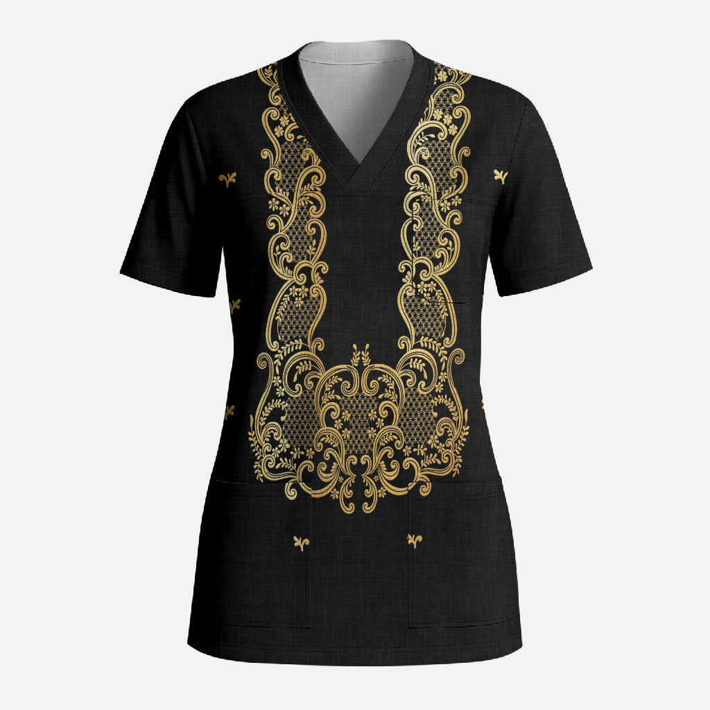 Philippines National Costume Scrub Top Barong Tagalog Inspired Black Color LT14 Adult Black - Polynesian Pride
