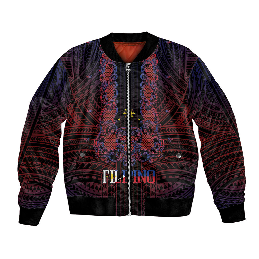 Filipino Barong Tagalog Inspired Personalised Bomber Jacket Mabuhay Philippines Festival Polynesian Pattern LT14 Unisex Black - Polynesian Pride