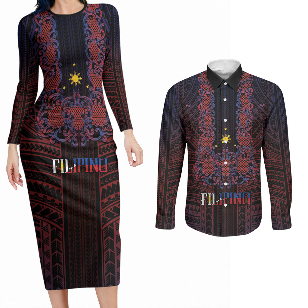 Filipino Barong Tagalog Inspired Personalised Couples Matching Long Sleeve Bodycon Dress and Long Sleeve Button Shirt Mabuhay Philippines Festival Polynesian Pattern LT14 Black - Polynesian Pride
