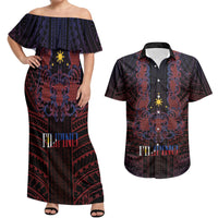 Filipino Barong Tagalog Inspired Personalised Couples Matching Off Shoulder Maxi Dress and Hawaiian Shirt Mabuhay Philippines Festival Polynesian Pattern LT14 Black - Polynesian Pride