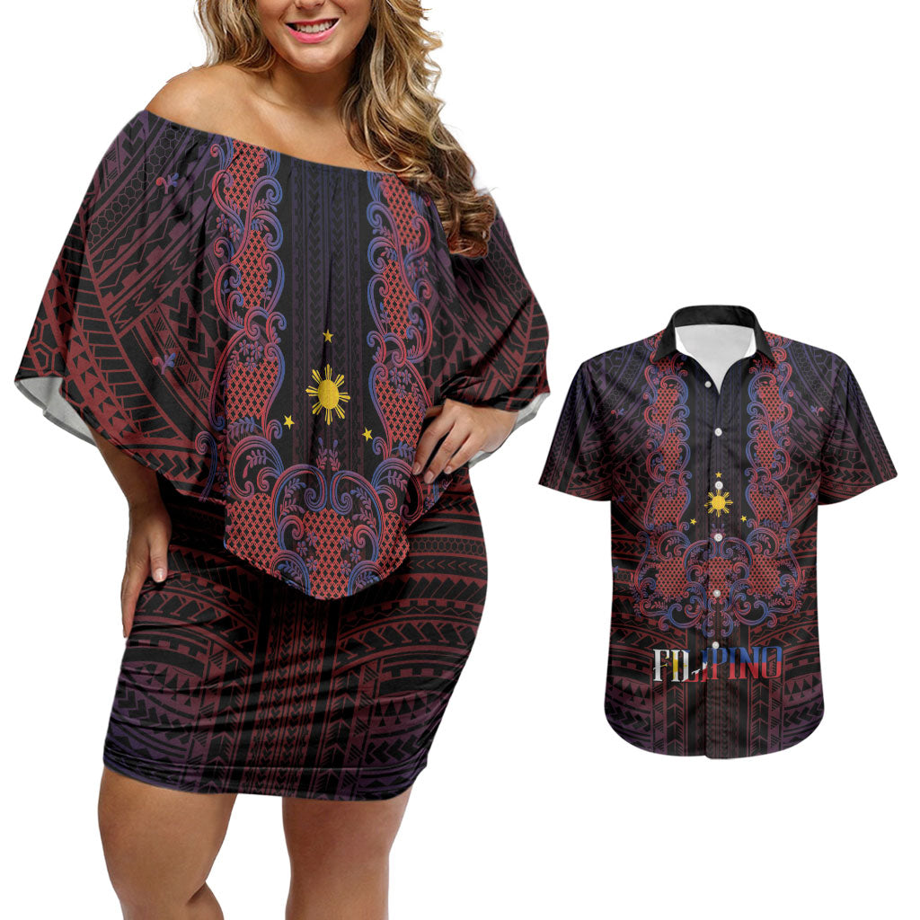 Filipino Barong Tagalog Inspired Personalised Couples Matching Off Shoulder Short Dress and Hawaiian Shirt Mabuhay Philippines Festival Polynesian Pattern LT14 Black - Polynesian Pride