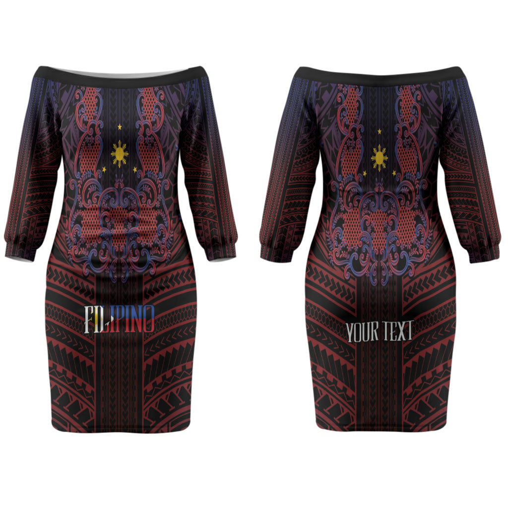 Filipino Barong Tagalog Inspired Personalised Couples Matching Off The Shoulder Long Sleeve Dress and Hawaiian Shirt Mabuhay Philippines Festival Polynesian Pattern LT14 - Polynesian Pride