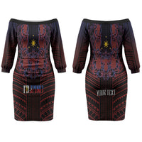 Filipino Barong Tagalog Inspired Personalised Couples Matching Off The Shoulder Long Sleeve Dress and Hawaiian Shirt Mabuhay Philippines Festival Polynesian Pattern LT14 - Polynesian Pride