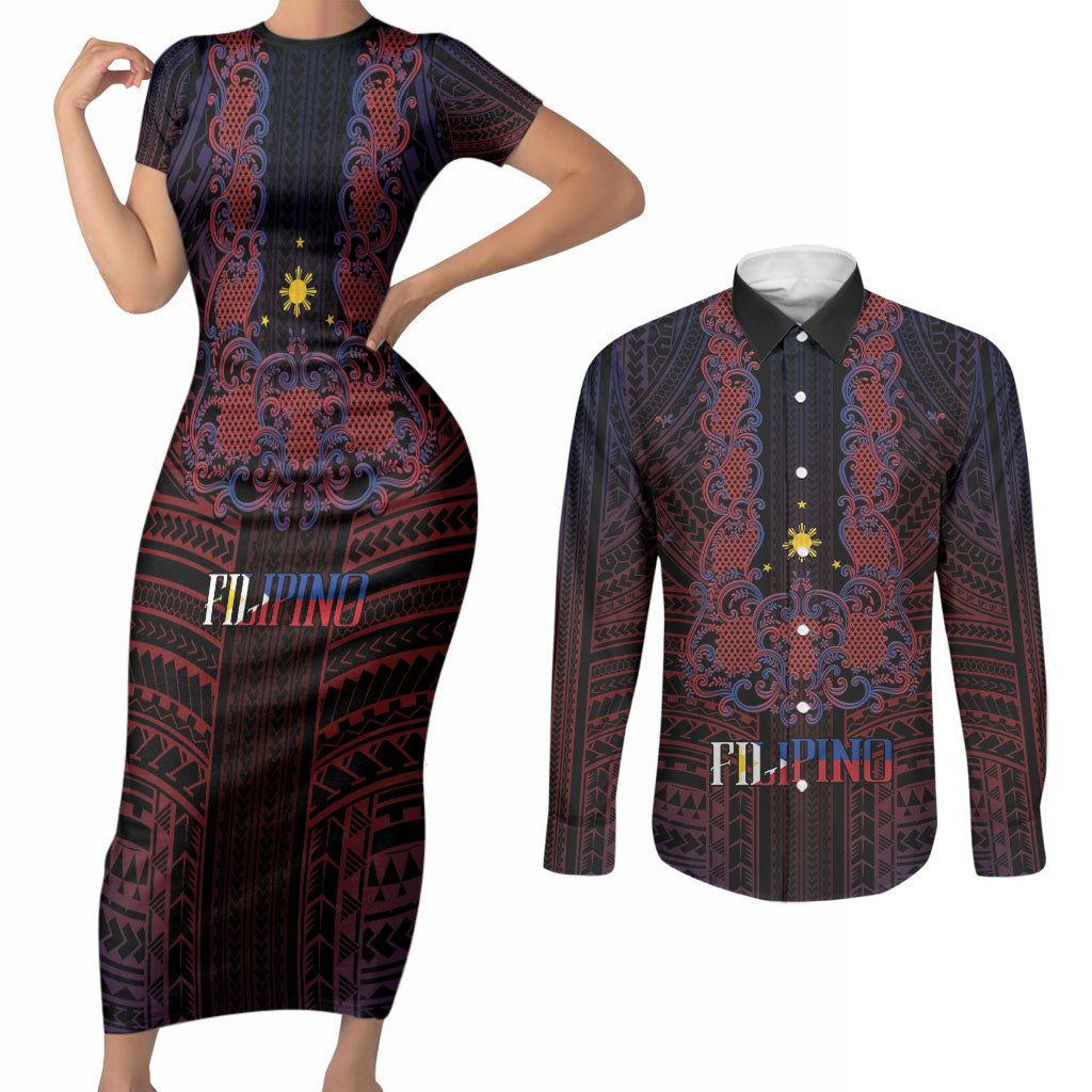 Filipino Barong Tagalog Inspired Personalised Couples Matching Short Sleeve Bodycon Dress and Long Sleeve Button Shirt Mabuhay Philippines Festival Polynesian Pattern LT14 Black - Polynesian Pride