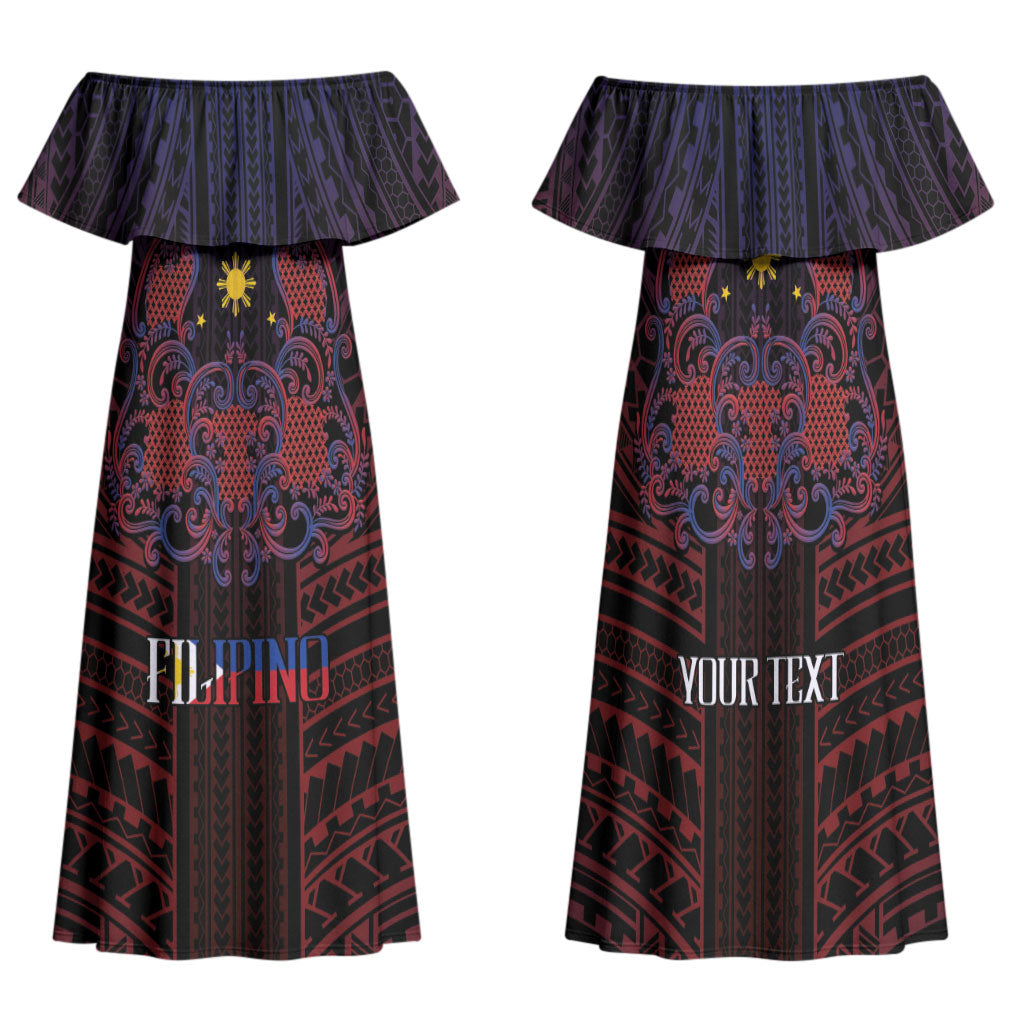 Filipino Barong Tagalog Inspired Personalised Family Matching Off Shoulder Maxi Dress and Hawaiian Shirt Mabuhay Philippines Festival Polynesian Pattern LT14 Mom's Dress Black - Polynesian Pride
